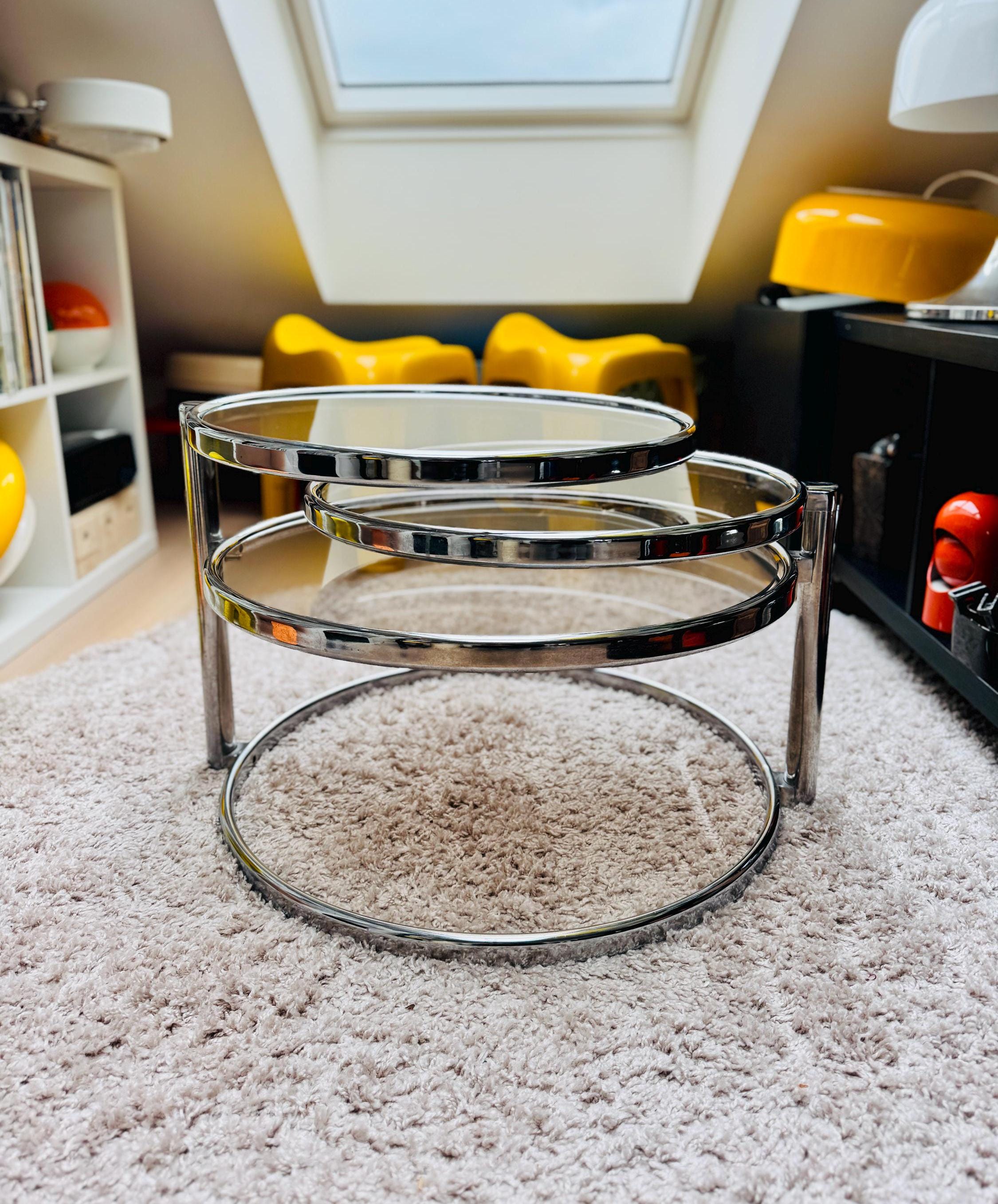 Milo Baughman Chrome Swivel Coffee Table | 1970s Mid-Century Modern | Retro Vintage