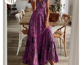 Boho Print langes Kleid | Festlicher Stil Maxi Kleid | Sommerkleid mit V-Ausschnitt für Frauen