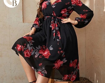 Black Midi Belted Long Sleeve Dress | Floral Print Clothing | Plus Size Fit