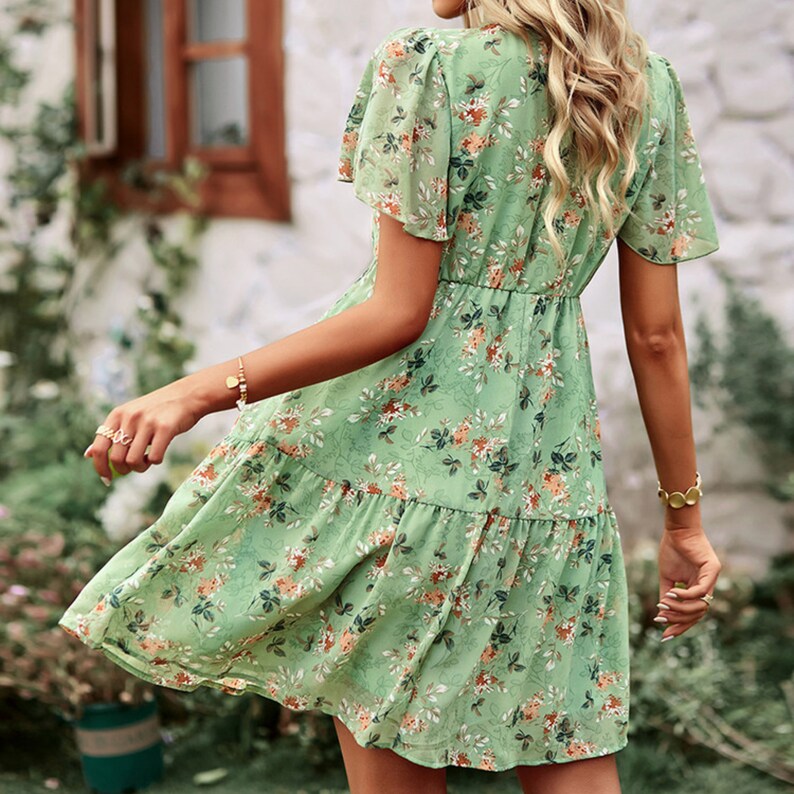 Boho Floral Printed V Neck Short Sleeve Stylish Loose Mini Dress Green