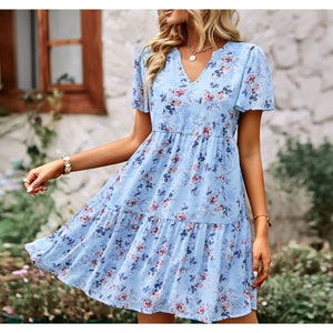Boho Floral Printed V Neck Short Sleeve Stylish Loose Mini Dress Blue