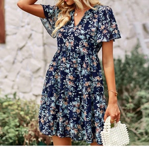 Boho Floral Printed V Neck Short Sleeve Stylish Loose Mini Dress Navy Blue