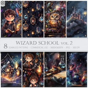 Op de afbeelding: Een verzameling van acht naadloze patronen met een toverschoolthema. De patronen bevatten illustraties van een jonge tovenaar, een uil in een kooi, een kasteel en benodigdheden voor het maken van drankjes. De tekst "WIZARD SCHOOL VOL. 2" wordt weergegeven.