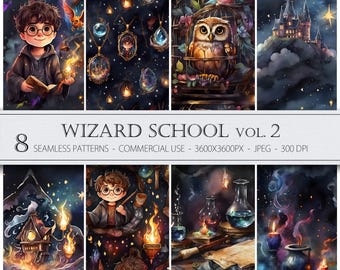 Wizard Magic School Seamless Pattern, Digital Papers, Wands, Potions, Books, Stars, School, Harry Style, Owl, Phoenix, Alchemy