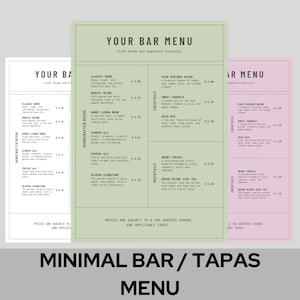 May include: A green and white menu for a bar or restaurant called "Minimal Bar/Tapas Menu". The menu lists a variety of craft beers and signature cocktails, including Classic Brew, Barley Blend, Honey Lemon Brew, Toffee Ale, Sloven Signature, Palm Springs Blend, Sweet Sangria, Soju Mix, Berry Fresca, and House Blend Iced Tea.