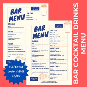 May include: Two bar menu designs with a red and cream color scheme. The menus list snacks, pizza, cocktails, and mocktails. The text "Bar Menu" is in a bold, blue font. The image also includes the text "Bar Cocktail Drinks Menu."