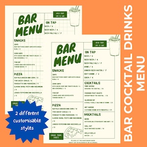 May include: Two green and white bar menus with a chalkboard style design. The left menu lists snacks, pizza, and house-made sauce. The right menu lists on tap drinks, cocktails, mocktails, and a note to let the bartender know about any allergies.