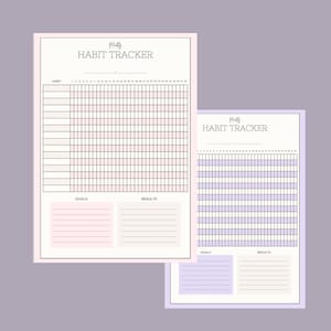 May include: Two habit tracker sheets with a soft color palette. The top of each sheet reads "Monthly Habit Tracker". Each sheet has a grid for tracking habits, with sections for goals and results. One sheet is pink, the other is purple.