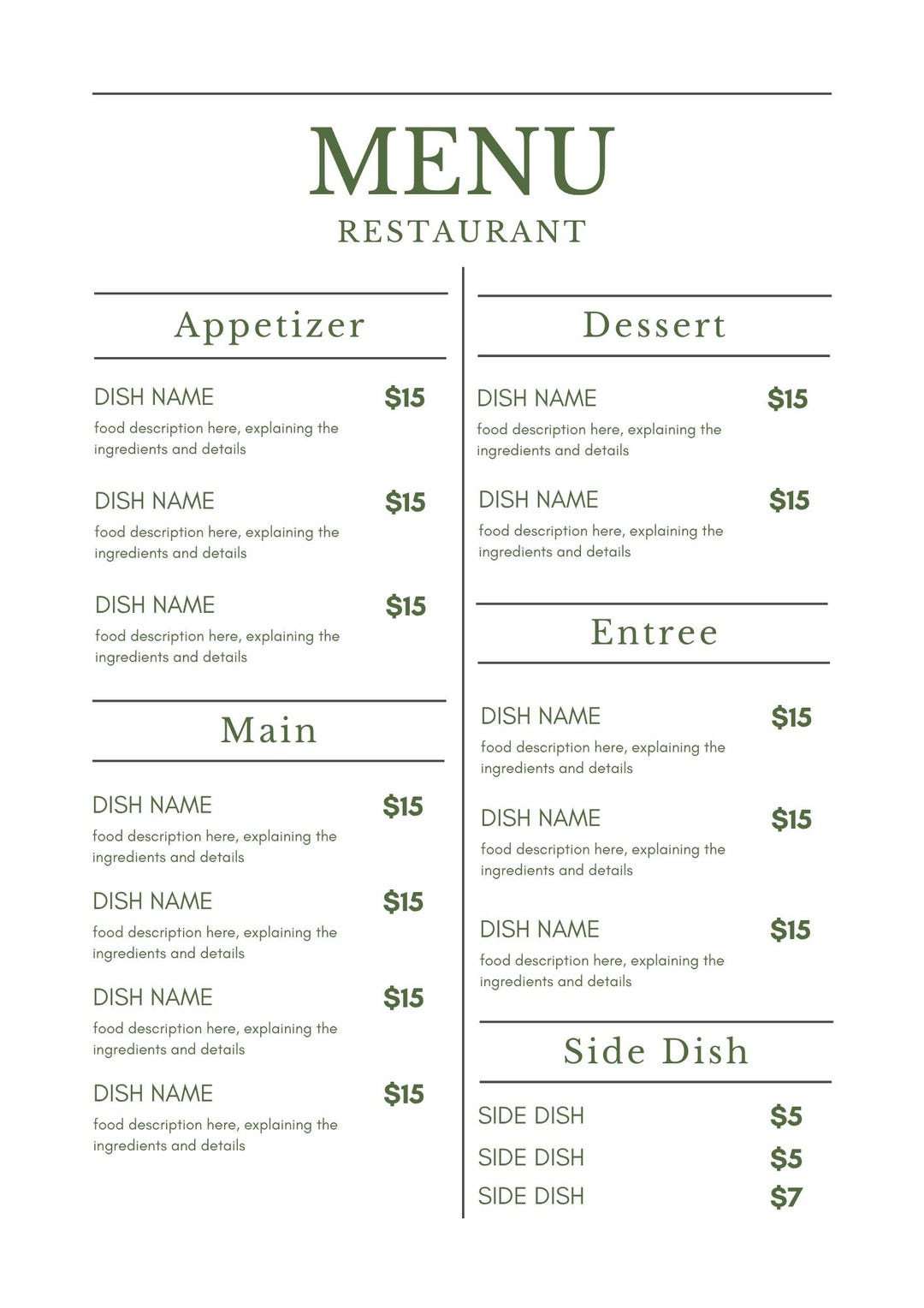 Small Menu Design Minimal Restaurant Menu Template, Beige and Green (digital Download) - Etsy