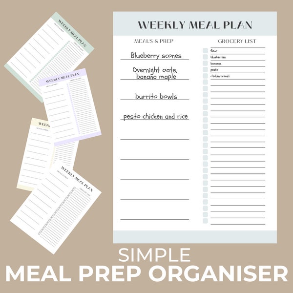 Meal planner, prep organiser, and shopping list, simple minimalistic classic style instantly downloadable and printable digital product