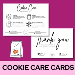 May include: Black and white cookie care cards with instructions on how to store and freeze cookies. The cards feature a cookie bag, a snowflake, a jar, and a refrigerator. The text on the cards includes "Cookie Care", "Freshness", "Storage", "Freezing and Defrosting", "Don't place in the fridge", "Thank you", "Follow us", and "Review us".