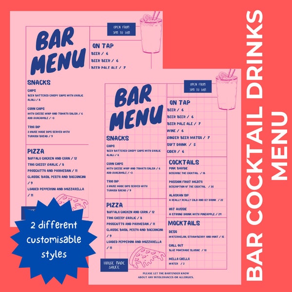bar, cocktail, and restaurant drinks menu, instantly downloadable, canva customisable digital retro, rustic style template