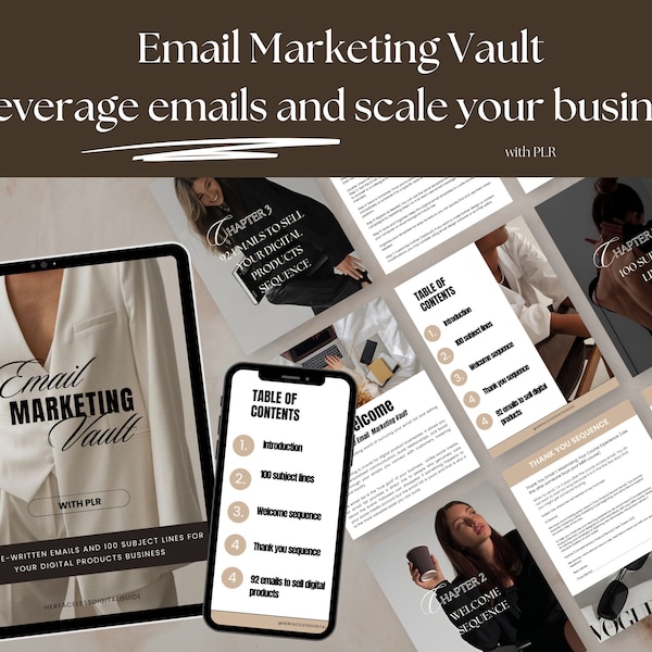 Email Marketing Vault, Guide with 103 prewritten emails for digital products business and 100 subject lines. Includes PLR + MRR.