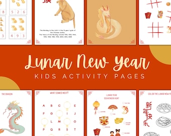 May include: A set of printable activity pages for kids celebrating Lunar New Year. The pages feature various activities, including a tic-tac-toe game, a scavenger hunt, a what comes next alphabet puzzle, and a coloring page. The pages are decorated with traditional Chinese New Year symbols and imagery.