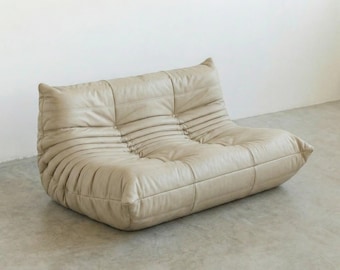 Togo-Style Leather 2-Seater Sofa – Low Profile, High-Density Foam Couch