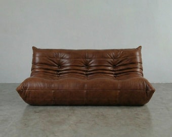 Sofá de 3 plazas de cuero encerado al aceite – Sofá lounge capitoné de perfil bajo