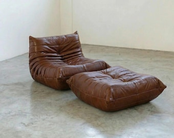 Pouf ottomano in pelle cerata – Sgabello poggiapiedi in stile Togo, seduta d'accento