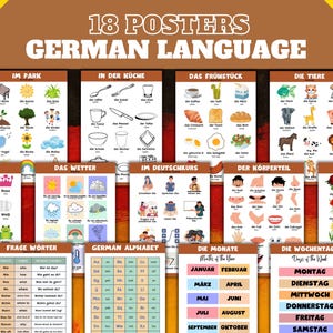 DEUTSCH POSTER, Deutsche Sprache lernen, Set mit 18 Postern, Deutsch lernen, Grundwortschatz, Lernposter, Klassenzimmer Deko