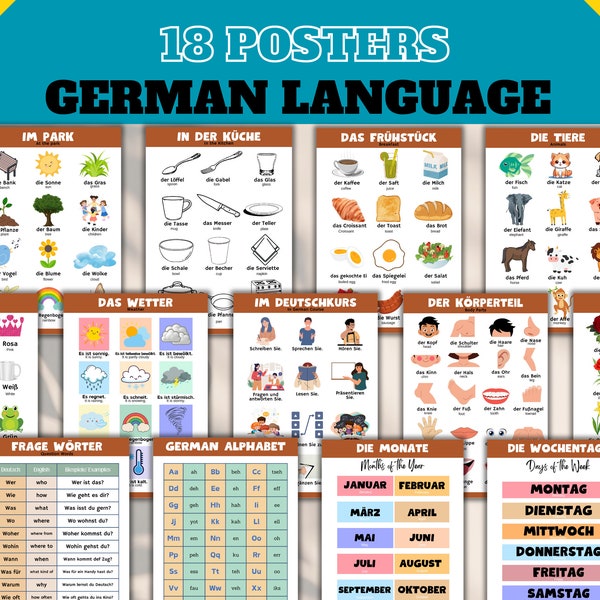 DEUTSCH POSTER, Deutsche Sprache lernen, Set mit 18 Postern, Deutsch lernen, Grundwortschatz, Lernposter, Klassenzimmer Deko