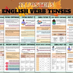 Tempi verbali inglesi, poster didattici, poster stampabili, tabelle grammaticali, set da 12, poster per la classe, download digitali