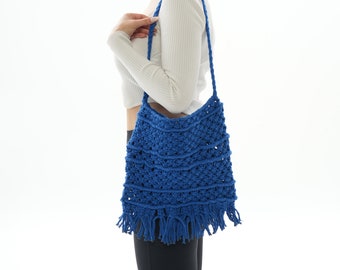 Blue hand-knitted bag made of cotton macrame rope