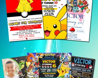 Personaliza la invitación de cumpleaños de Pokémon, la invitación de cumpleaños de Pokémone, la invitación de cumpleaños de Pikachu