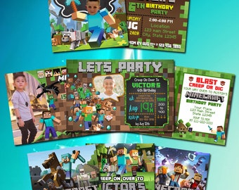 Invitación de cumpleaños de juegos, invitaciones de cumpleaños de Minecrafter, invitación de cumpleaños para niños