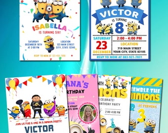 Bewerkbare Minions verjaardagsuitnodiging, Minions verjaardagsuitnodiging, Minions feestuitnodiging, uitnodiging voor kinderen