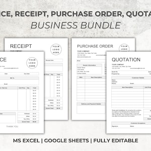 Könnte beinhalten: Vier schwarz-weiße druckbare Geschäftsvorlagen für Rechnung, Quittung, Bestellung und Angebot. Jede Vorlage enthält Platz für Firmenname, Logo und Kontaktinformationen. Die Vorlagen sind für die Verwendung mit Microsoft Excel oder Google Sheets konzipiert.