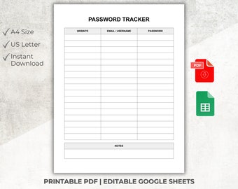 Printable Password Tracker, Editable Google Sheets, A4/US Letter (Digital Download)