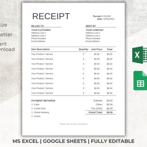 Receipt Template Excel, Editable Sales Receipt, Google Sheets, Small Business Receipt, Customer Payment Receipt, Printable Simple Receipt
