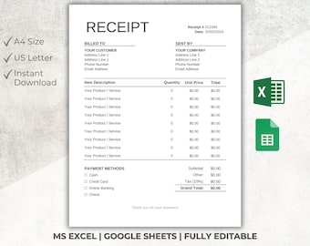 Editable Receipt Template, Excel & Google Sheets (A4/US Letter) (Digital Download)