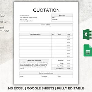 Quotation Template | Editable Price Quote | MS Excel | Google Sheets | Price Offer Template | Job Estimate Template | Printable Proposal