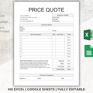 May include: A black and white price quote template with the title "PRICE QUOTE" and the text "Quote No. 012345". The template includes fields for customer details, item description, quantity, unit price, total, subtotal, other, tax, and grand total. The template is compatible with Microsoft Excel and Google Sheets.