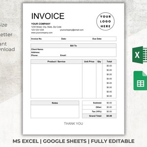 Invoice Template Excel, Editable Google Sheets, Printable Invoice Form, Simple Billing Form, Small Business Invoice, Blank Invoice, Proforma