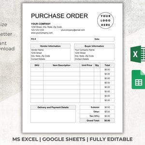 Purchase Order Form, Excel/Google Sheets, Editable Purchase Request Template, Printable Order Form, Purchase Request, Custom Order Sheet