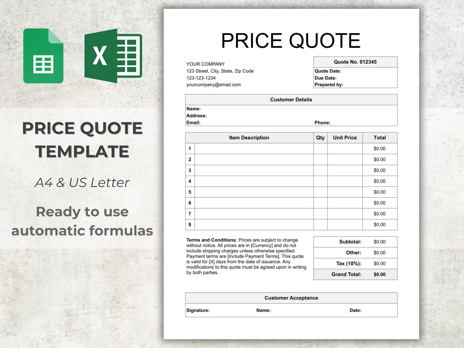Editable Price Quote Template | MS Excel, Google Sheets (A4, US Letter ...