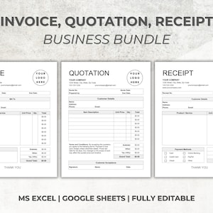 Könnte beinhalten: Eine schwarz-weiße druckbare Business-Bundle-Vorlage für Rechnungen, Angebote und Quittungen. Die Vorlage ist vollständig editierbar und kann mit Microsoft Excel oder Google Sheets verwendet werden.