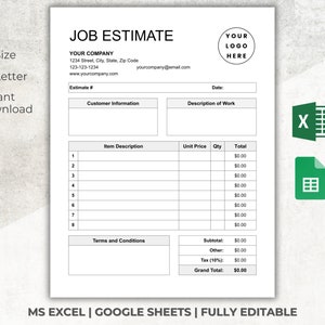 May include: A black and white job estimate template for Microsoft Excel and Google Sheets. The template includes fields for customer information, description of work, item description, unit price, quantity, total, subtotal, tax, and grand total.