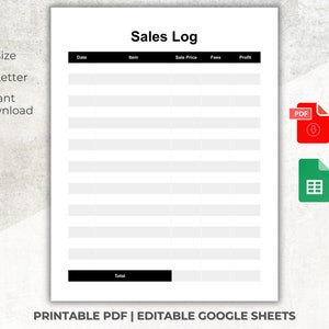 Sales Log Printable, Editable Google Sheets, Sale Recorder, Sale Fee Profit Tracker, Small Business Log, Online Sales Tracker, Order Log