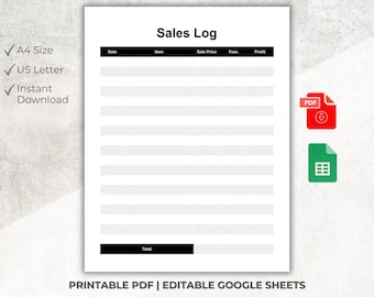 Registro de ventas imprimible, Hojas de cálculo de Google editables, Seguimiento empresarial (PDF)