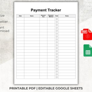 Seguimiento de pagos PDF / Registro de historial de pagos del cliente imprimible / Hojas de cálculo de Google editables / Formulario de pago del cliente / Formularios para pequeñas empresas A4, Carta