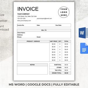 May include: A black and white invoice template with the word "INVOICE" in bold at the top. The template includes fields for company information, client information, product/service, unit price, quantity, total, subtotal, other, tax, and grand total. The template is fully editable and can be used in Microsoft Word or Google Docs.