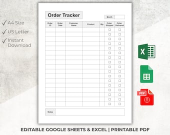 Order Tracker Template, Excel, Google Sheets, Printable PDF