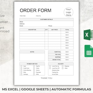 Order Form for Small Business | Purchase Order Template | Custom Order Form | Excel | Google Sheets | Digital Order Form Editable Printable