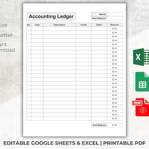 Accounting Ledger, Editable Excel/Google Sheets, Printable PDF, General Ledger Accounting, Business Expense Account Ledger, Bookkeeping