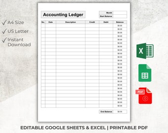Accounting Ledger, Editable Excel & Google Sheets, Printable PDF