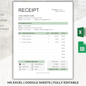 Receipt Template Excel, Printable Payment Receipt, Google Sheets, Sales Receipt, Digital Receipt Form, Editable Invoice, Voucher