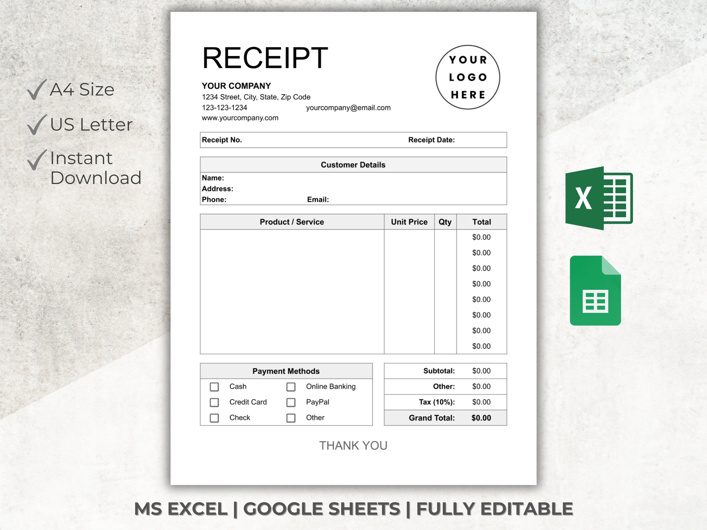 Receipt Template Excel, Printable Receipt, Google Sheets, Payment ...