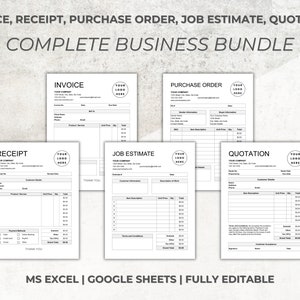 Könnte beinhalten: Ein Satz von fünf schwarzen und weißen druckbaren Geschäftsvorlagen für Rechnung, Quittung, Bestellung, Kostenvoranschlag und Angebot. Die Vorlagen sind für die Verwendung mit Microsoft Excel oder Google Sheets konzipiert und vollständig editierbar.